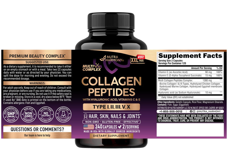 Multi Collagen Peptides 1300mg - Hydrolyzed Types I II III V & X - 240 Caps | Collagen Supplements for Women + Hyaluronic Acid, Vitamin C & E - Skin Hair Nails & Joint Support, Lab Tested, 120-Day Supply 240 Count (Pack of 1)