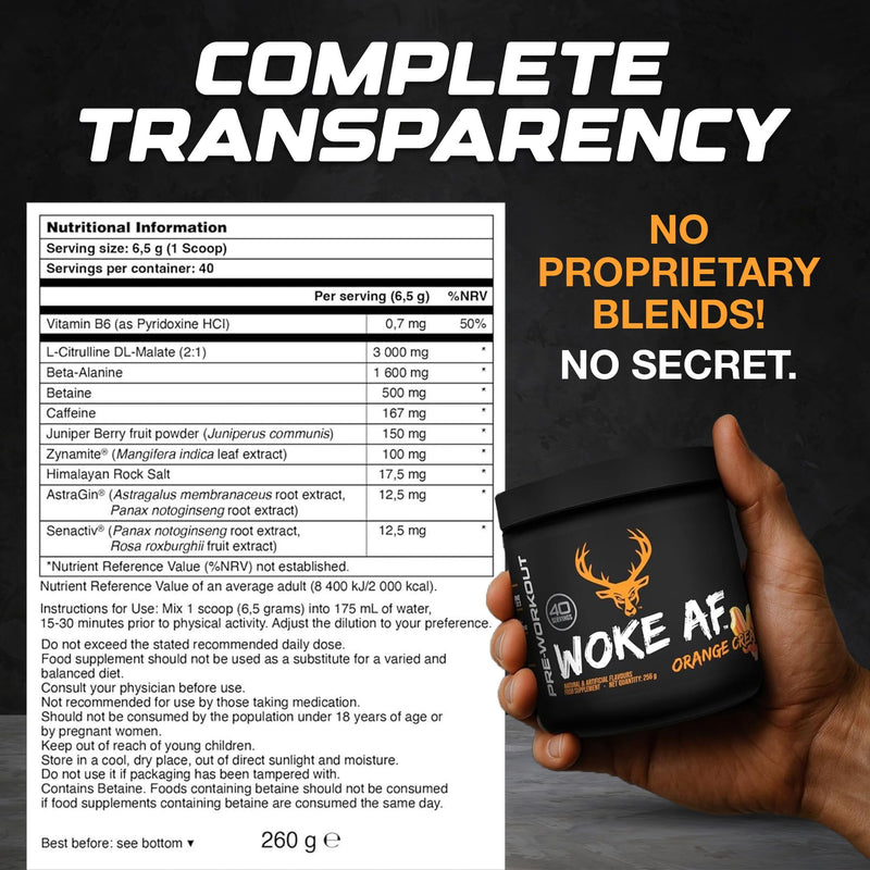Bucked Up Woke AF Pre-Workout Powder | Performance Drink with Caffeine, Beta-Alanine, & L-Citrulline | Sugar Free, Paleo Friendly | Orange Cream Flavor | 40 Servings
