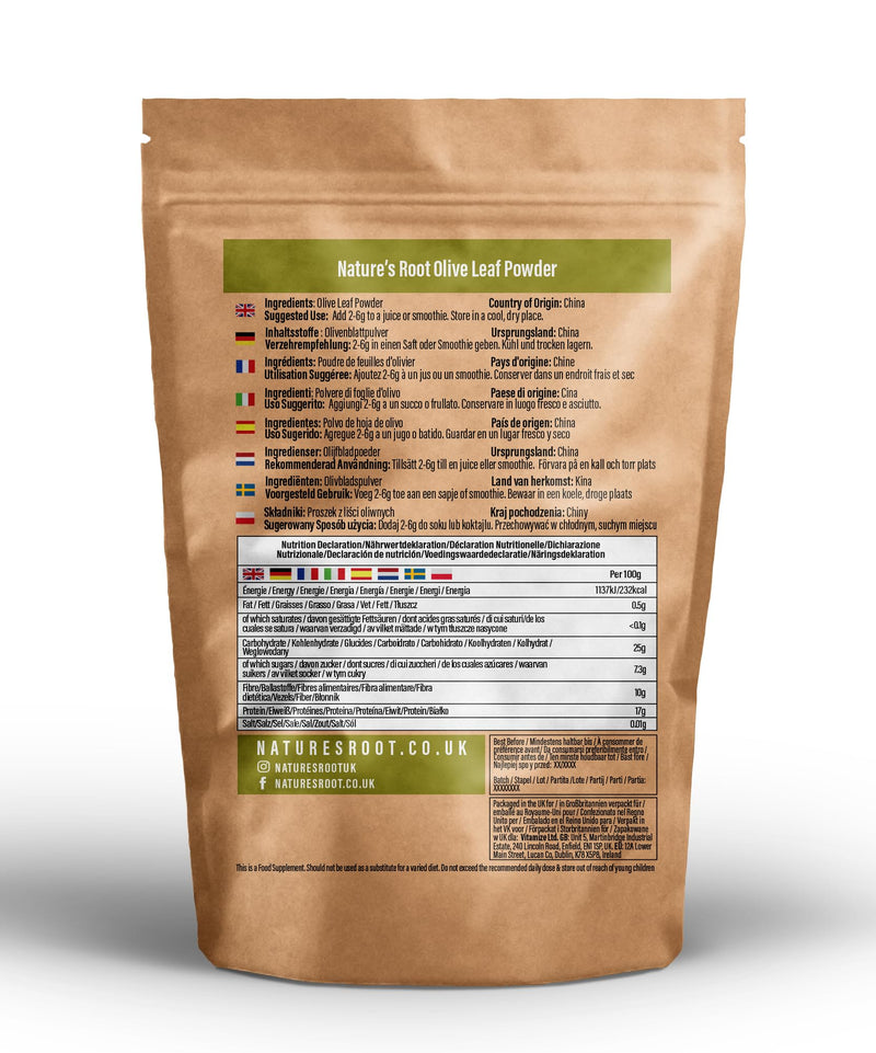 Nature's Root Olive Leaf Powder | Premium Fresh-Ground Olea Europaea | Natural Polyphenols & Antioxidant Source | Pure & Additive-Free | Vegan Superfood for Smoothies & Wellness Support (500g)