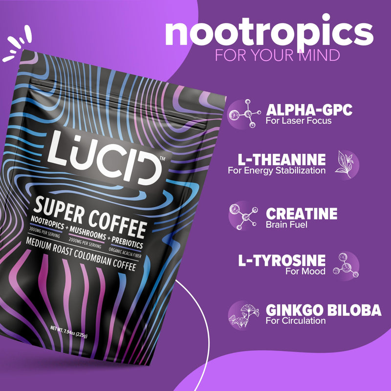 [Australia] - Lucid Superfood Organic Mushroom Coffee with Nootropics - Lion's Mane, Tremella, Cordyceps & Turkey Tail - Instant Mushroom Coffee Focus Brain Health - Alpha GPC, L-Theanine, Ginko Biloba - USA Made 7.94 Ounce (Pack of 1) 