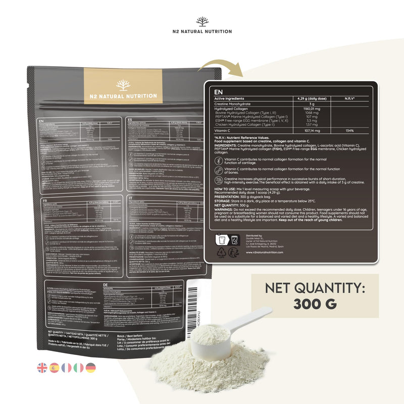 Creatine Monohydrate Powder+ Multi Collagen with Vitamin C (70 Doses) 3000mg Creatine Unflavored + Collagen I, II, III, V and X. Supplement for Strength, Power & Performance. N2 Natural Nutrition