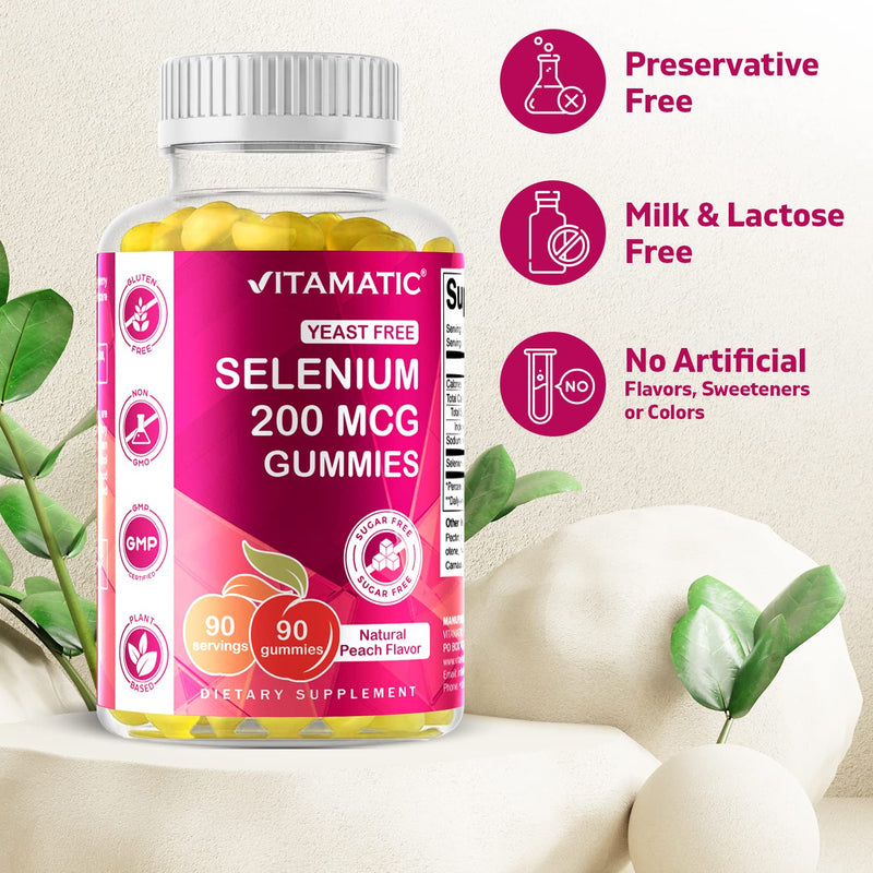 [Australia] - Vitamatic Yeast Free Selenium Gummies 200mcg as Selenomethionine Supplement Essential Trace Mineral with Superior Absorption 90 Pectin Based Gummies Peach 90 Count (Pack of 1) 
