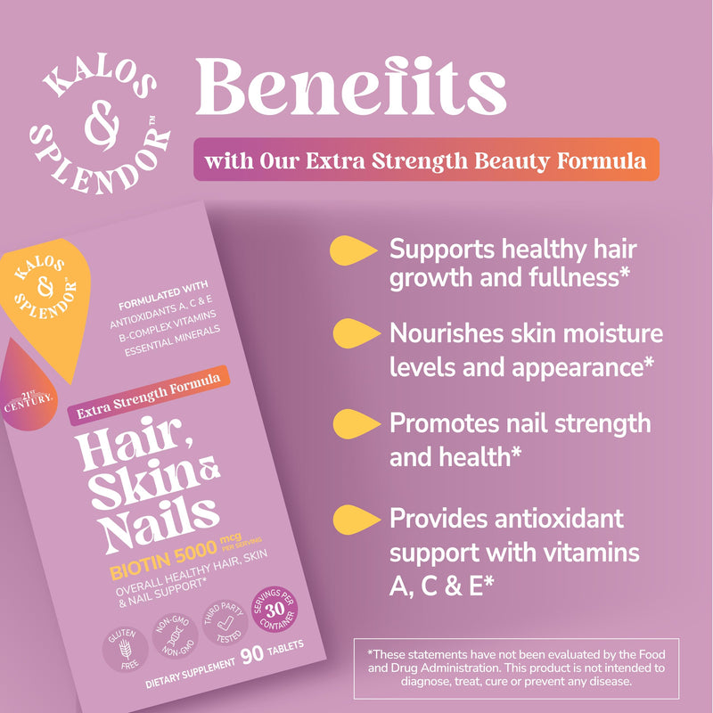 21st Century Hair, Skin and Nails Extra Strength Tablets, 90 Count (27847) | Extra-Strength Hair, Skin & Nails Formula with Biotin & Vitamins A, C & E, Beauty Support