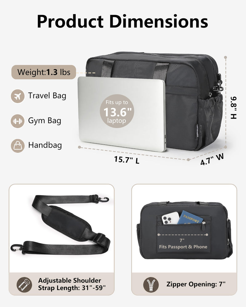 Expandable Travel Bag, Underseat Carry-On Weekender, Black | 15/20L Airline Personal Item Duffel for Women/Men with Shoe Compartment/Wet Pocket/Luggage Sleeve for Gym/Hospital/Maternity
