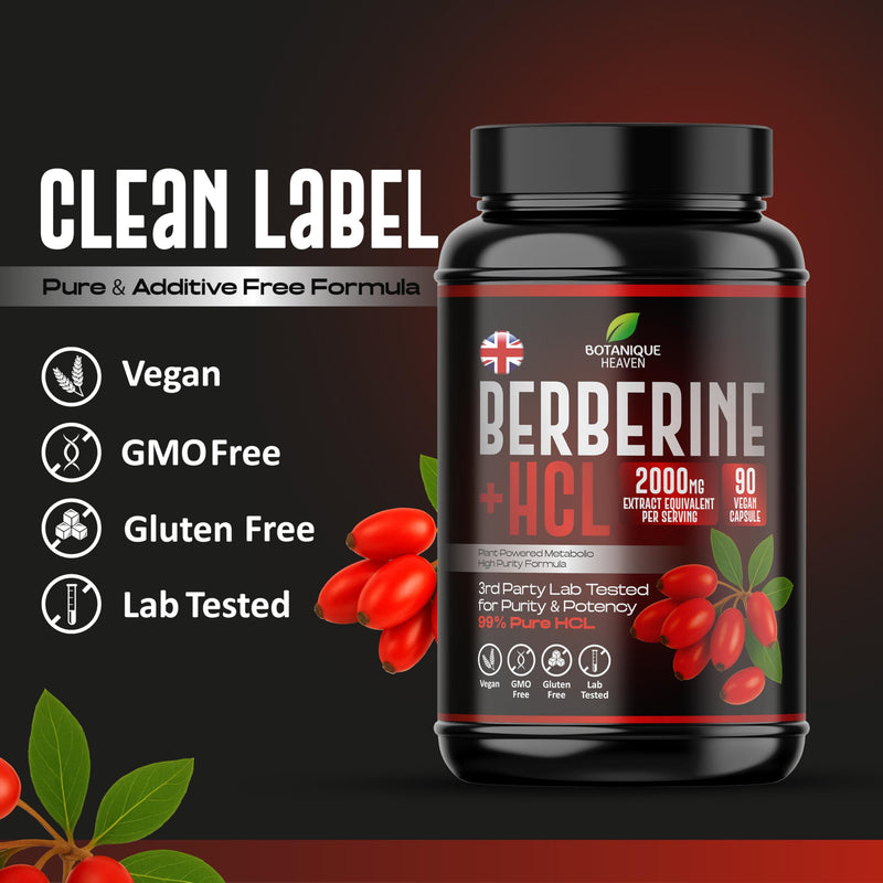 Berberine HCL 2000mg Equivalent Per Serving – 99% Pure Berberine Extract – Metabolic Support & Daily Wellness – 90 Vegan Capsules – Non-GMO, Gluten Free, Lab Tested Food Supplement