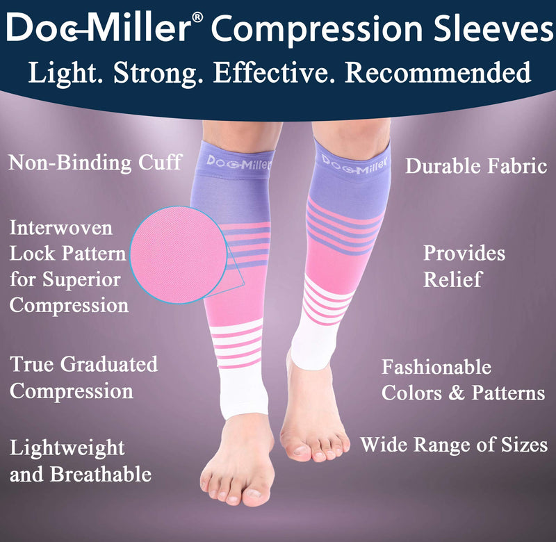 Doc Miller Compression Calf Sleeve for Men & Women, 20-30 mmHg Graduated Support, Knee High, Running, Shin Support, Calf Sleeves, Striped Design, 1 Pair X-Large Pink.Violet.White