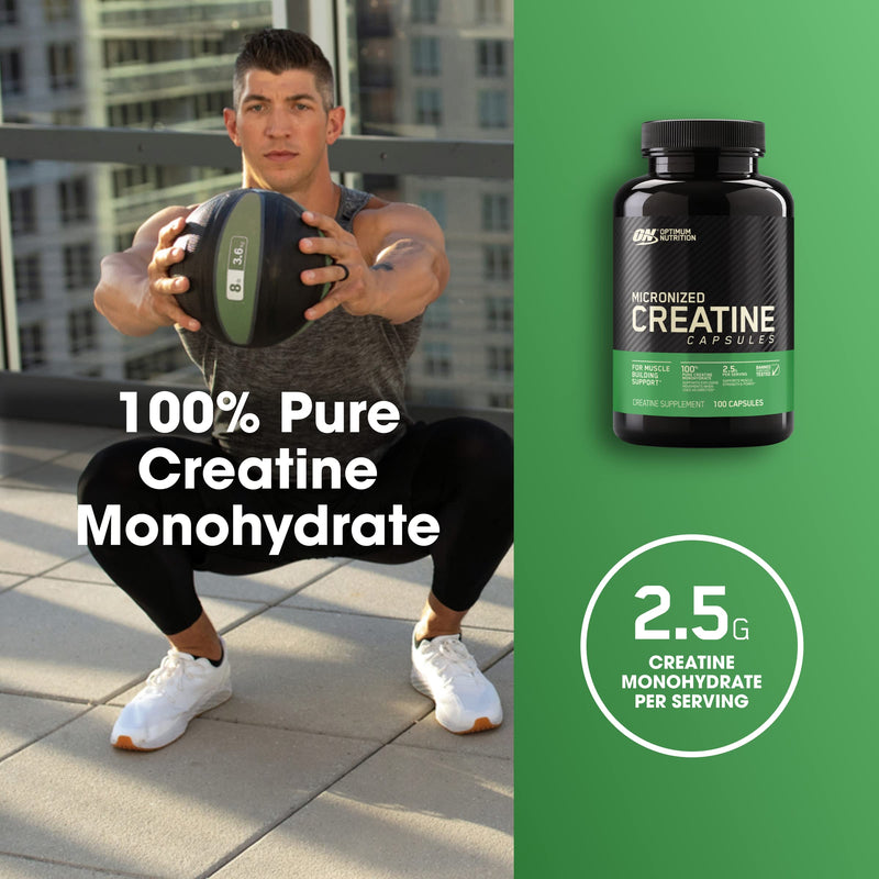 [Australia] - Optimum Nutrition Micronized Creatine Monohydrate Capsules, Keto Friendly, 2500mg, 100 Capsules Unflavored - Capsules 100 Count (Pack of 1) 