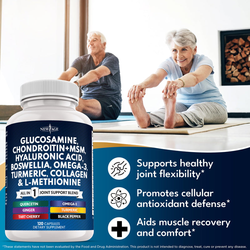 Glucosamine Chondroitin, MSM, Turmeric Curcumin, Collagen, Hyaluronic Acid, Omega 3 – Joint Health Supplement for Men & Women – 120 Count 120 Count (Pack of 1)