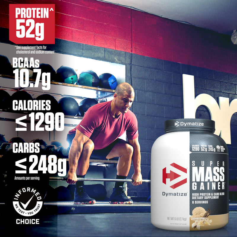 Dymatize Super Mass Gainer Protein Powder, Gourmet Vanilla, 52g Protein, 1g Creatine, 1280 Calories, 10.7g BCAAs, 245g Carbs, Contains Whey Protein Powder, Isolate, and Casein (8 Servings) 6 Pound (Pack of 1)