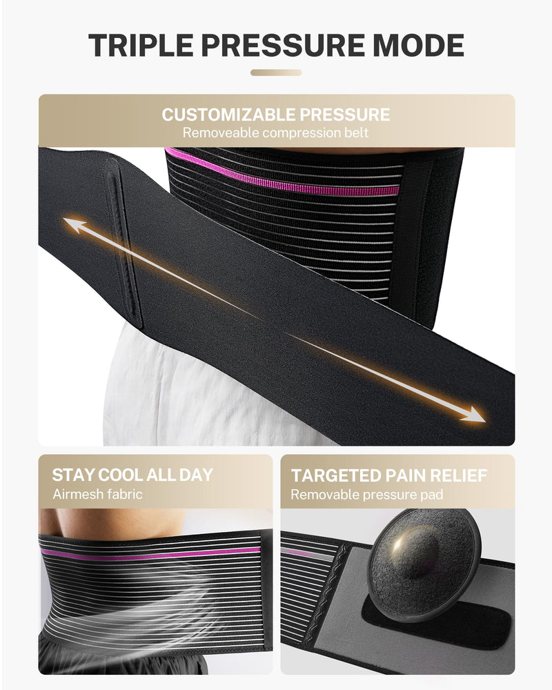 [Australia] - Front-Wearing Umbilical Hernia Belt, Unisex, 3D Dome-Shaped Hernia Support Pad, Adjustable with Removable Pads & Extra Straps for Abdominal Pressure, Lumbar Support, Skin-Friendly & Discreet L/XL Black with Pink Stripes 