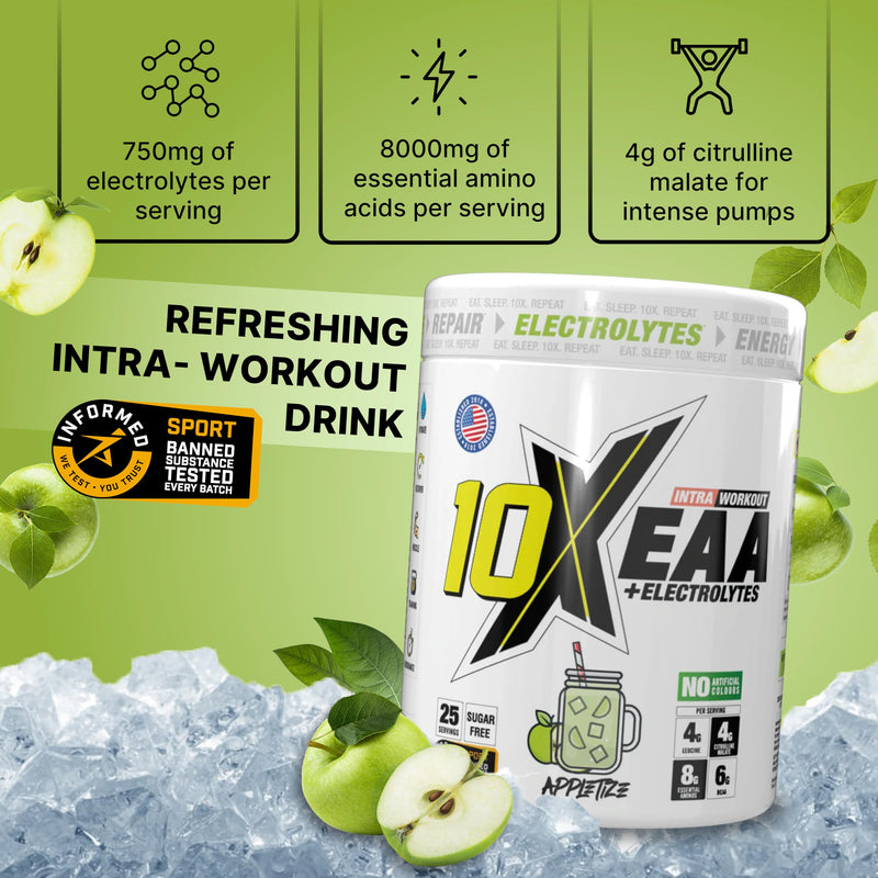 10X Athletic EAA Essential Amino Acids - Appletize, Muscle Recovery & Hydration, 450g, Vegan, Gluten & Lactose-Free, Supports Muscle Growth,Informed-Sport Certified