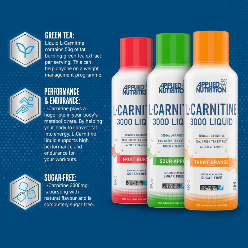 Applied Nutrition L Carnitine 3000 Liquid - L-Carnitine with Green Tea & Vitamin C, Boosts Energy & Weight Management, Vegan (480ml - 32 Servings) (Fruit Burst) Fruit Burst 480 ml