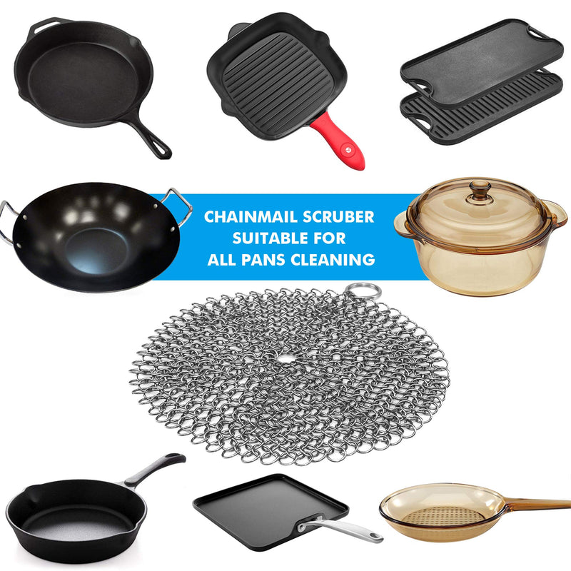 [Australia] - 316 Stainless Steel Cast Iron Skillet Cleaner Cast Iron Scraper Chainmail Scrubber for Cast Iron Pans, Pre-Seasoned Pans, Griddle Pans, BBQ Grills, and More Pot Cookware-Round 7 Inch Diameter 