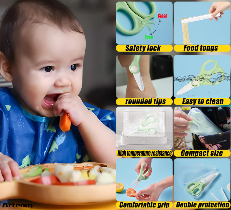 [Australia] - Baby Food Scissors with Travel Case and Tongs Set, Fully Detachable Ceramic Kids Food Scissors with Safety Lock, Dishwasher Safe, Ideal for Noodles, Meats, Vegetables, Pizza and Fruits (A) Green 