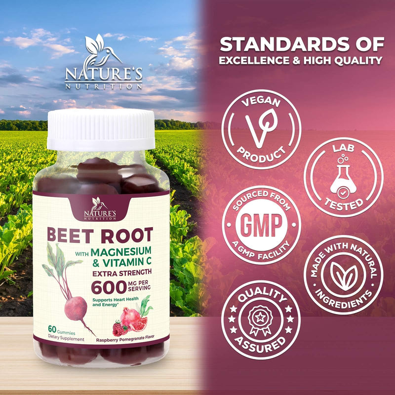 Beet Root Gummies - Super Food Beets Gummy for Energy, Heart Health, Nitric Oxide, & Circulation Support - Beet Chews Supplement with Beetroot Powder & Vitamin C - Vegan - Berry Flavored - 60 Gummies