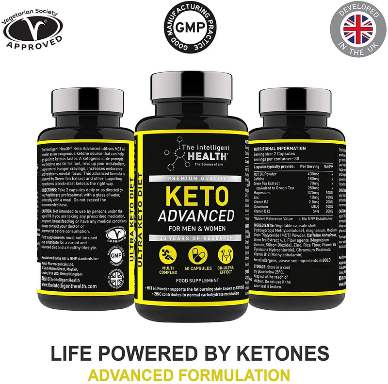 The Intelligent Health Keto Advanced - Keto Diet Capsules with Electrolytes - C8 MCT Oil Food Supplement - Green Tea Extract for Men & Women - 60 Capsules