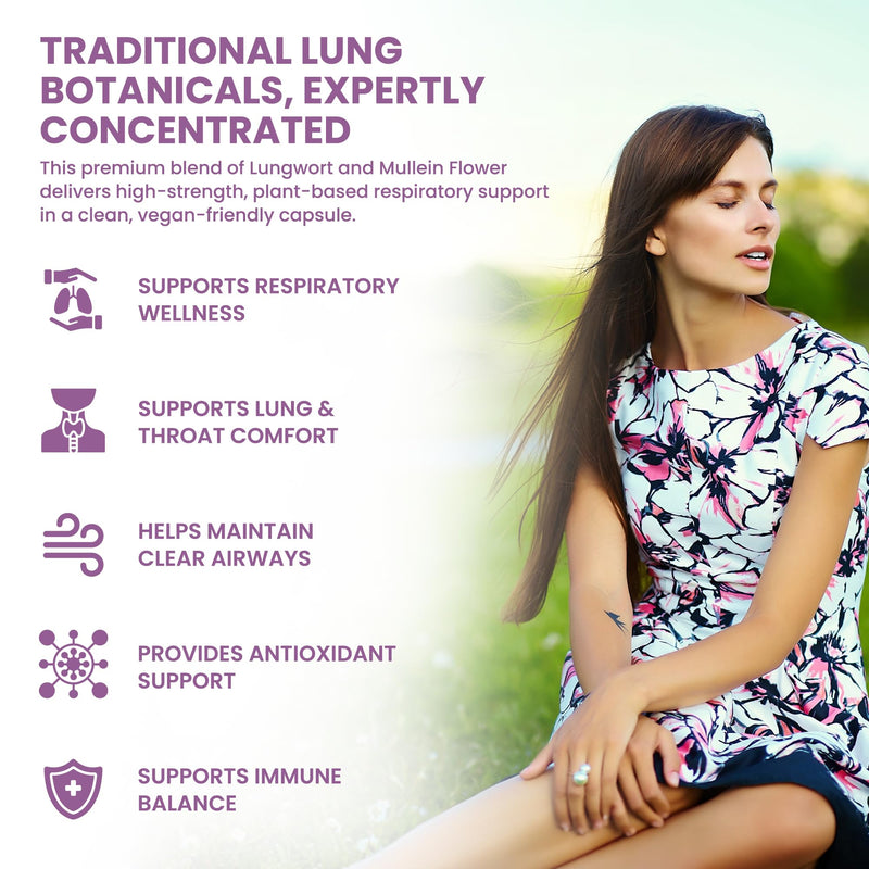 Lungwort & Mullein 2,000mg Equivalent | High Strength 500mg 4:1 Extract | 120 Vegan Capsules | Lung, Respiratory & Clear Breathing Support | GMP & 3rd Party Lab Tested
