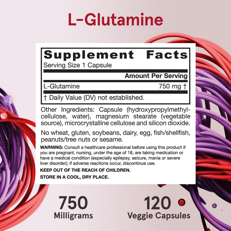 [Australia] - Jarrow Formulas L-Glutamine 750 mg, Dietary Supplement, Immune and Muscle Support, 120 Veggie Capsules, Up to 120 Day Supply 