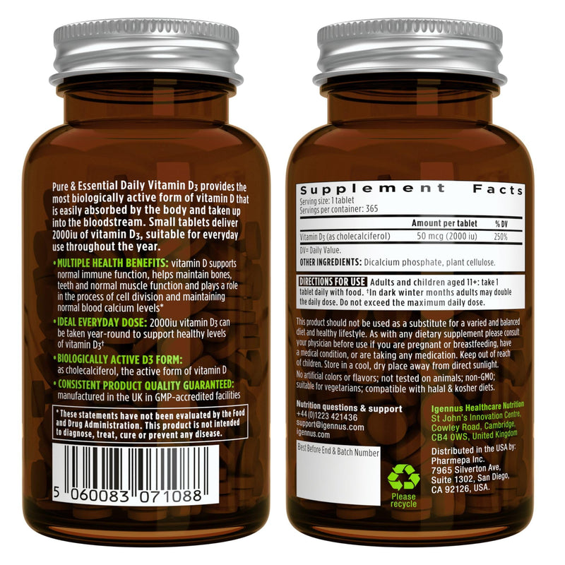 Daily Vitamin D3 + Live Cultures+ Lab4 Probiotics Bundle, 365 2000iu Vitamin D3 Tablets + 25 Billion CFU Lactobacillus Acidophilus & Bifidobacterium with Non-Bloating Prebiotic, by Igennus