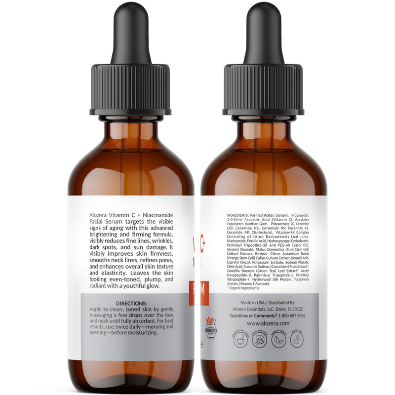 Alozera Vitamin C Facial Serum with Niacinamide & Ferulic Acid, Anti-Aging Serum for Visible Brightening, Glowing & Radiant Skin, Concentrated, Gentle & Effective, Day & Night