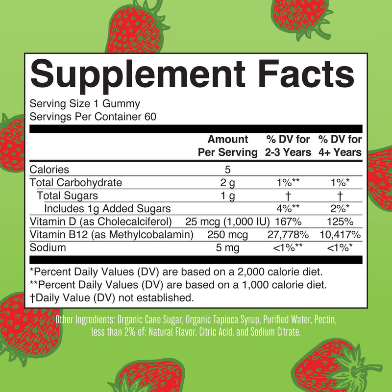 MaryRuth Organics, Vitamin D3 & B12 Gummies, Strawberry Flavour, 60 Vegan Gummies, Vegetarian, Gluten-Free, Soy-Free, Non-GMO