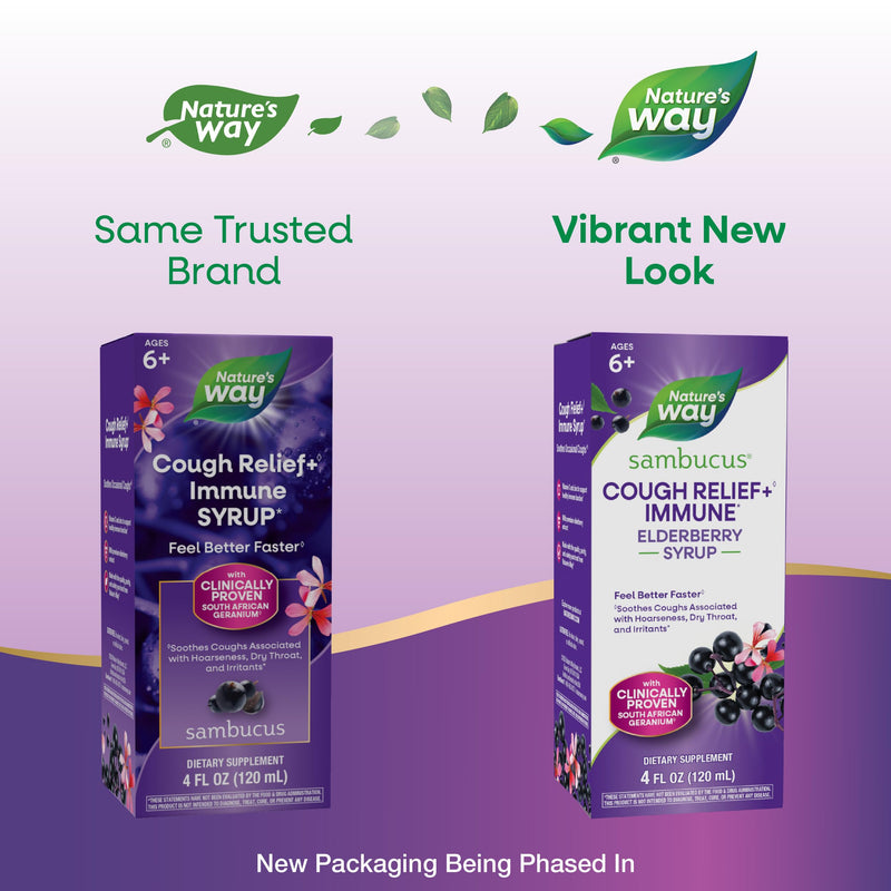 Nature's Way Sambucus Cough Relief +(1) Immune* Syrup, Vegan, 4 fl oz | Feel Better Faster(1) Clinically Proven South African Geranium, with Elderberry Extract, Vitamin C & Zinc 4 Ounce