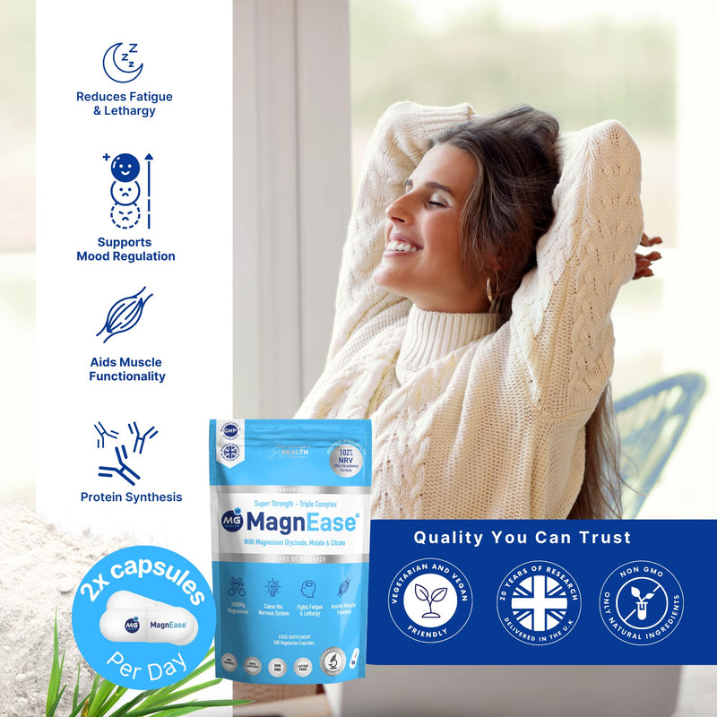 The Intelligent Health MagnEase Magnesium Glycinate 3-in-1 Complex - 1800mg High Bioavailability Magnesium Supplements - with Malate & Citrate for Muscle Function & Fatigue - 180 Capsules