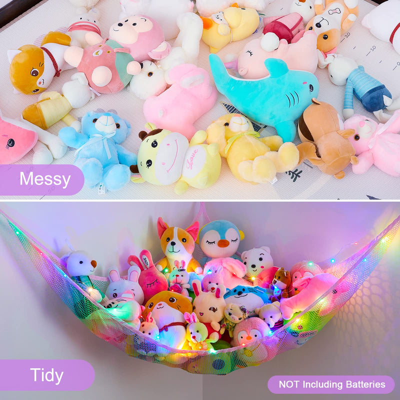 [Australia] - Stuffed Animals Hammock Kids Toy Storage with LED Light Unicorn Castle Plush Toy Organizer Corner Hanging Stuffed Animals Holder for Nursery Kids Girls Room Decor Rainbow 