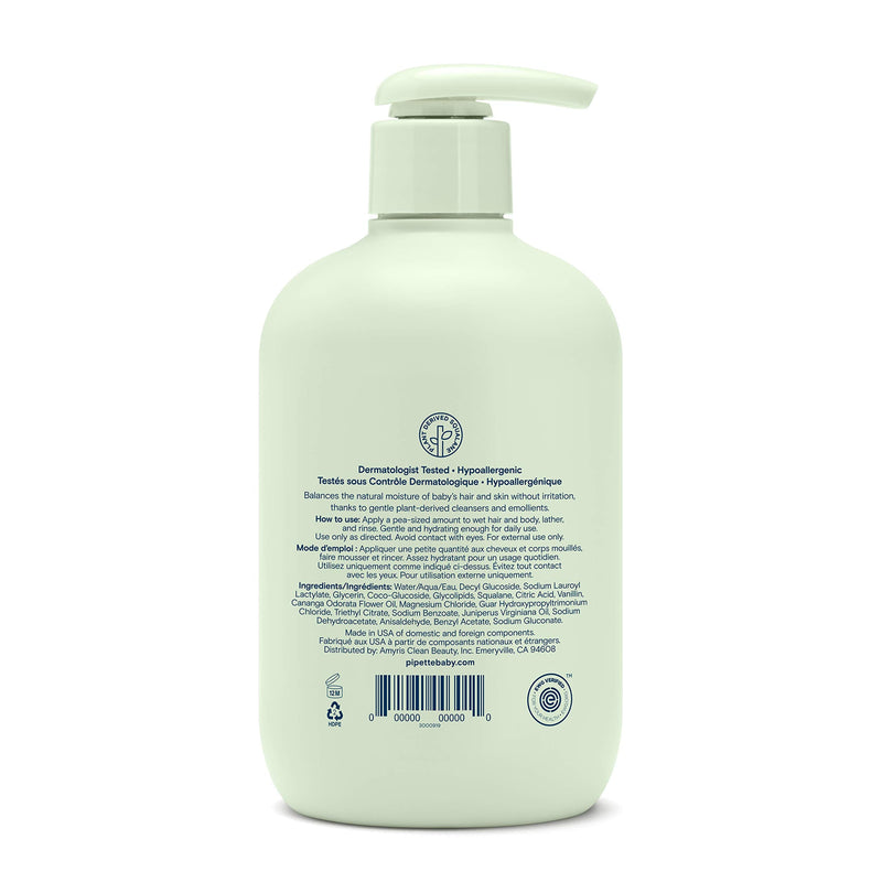 [Australia] - Pipette Baby Shampoo and Body Wash - Vanilla + Ylang Ylang, Tear-Free Bath Time, Hypoallergenic, Moisturizing Plant-Derived Squalane, Non-Toxic, Sulfate Free, 11.8 fl oz 11.8 Fl Oz (Pack of 1) 