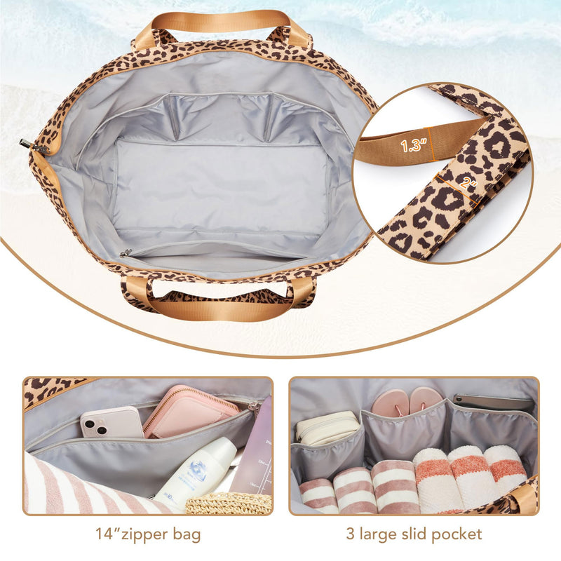 KALIDI 60L Extra Large Beach Tote Oversized Bag Zipper Utility Weekender | Anti Splash Huge Foldable Lightweight Duffle Carrier for Vacation Travel Shopping Reusable Grocery Organize Leopard