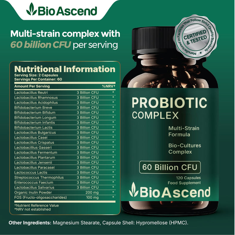 Gut Health & Digestive Support | Bio Cultures Complex Probiotics & Prebiotics | 60 Billion CFU | 2 Months Supply | 120 Capsules | Lactobacillus & Bifidobacterium Strains