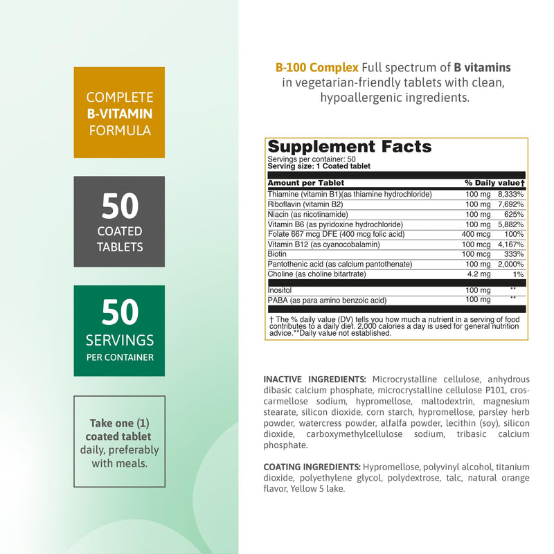 B-100 Complex Vitamins B1 B2 B3 B6 B12 Energy Support 50 Count