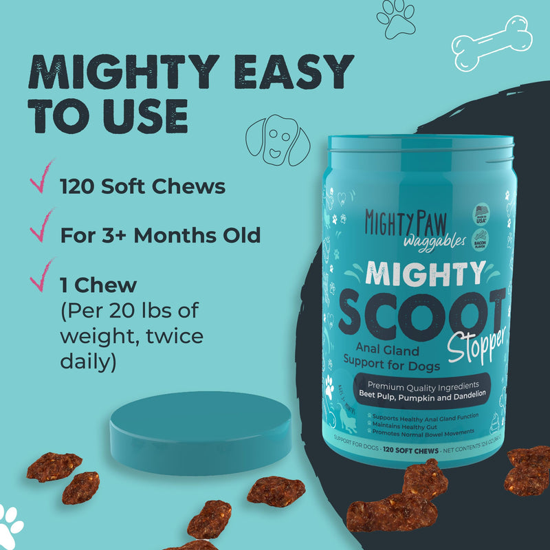 Mighty Paw Waggables Mighty Scoot (Made in USA) | Dog Digestive Support Anal Gland Chews. Anal Gland Scoot for Dogs. Beet Pulp & Pumpkin Fiber Supplements. Pet Bowel Gut Health (120 Count) - PawsPlanet Australia