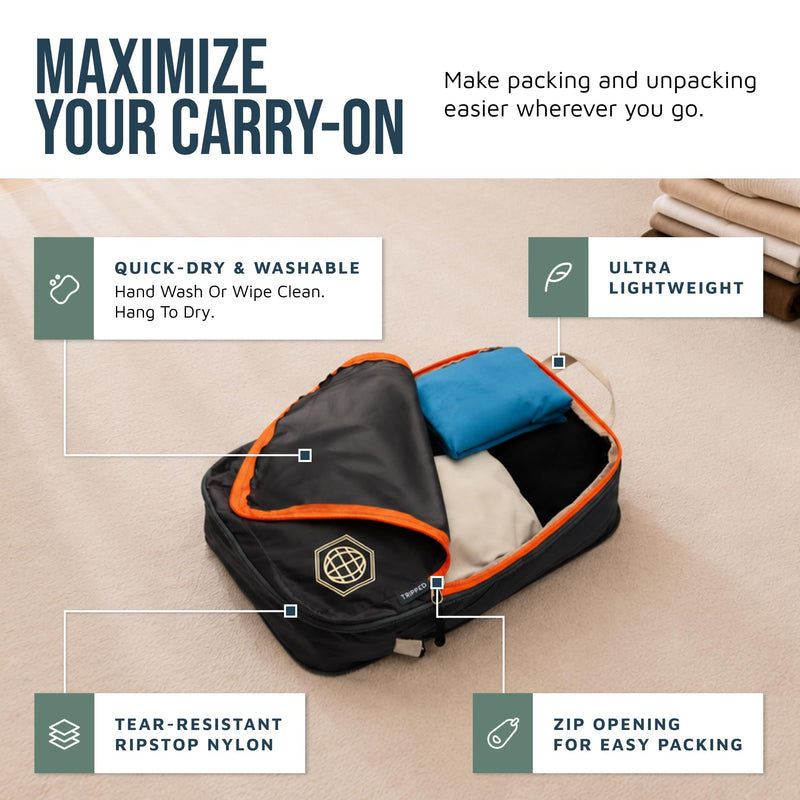 TRIPPED Travel Gear Compression Packing Cubes for Carry-On Travel 6-Pack | Ultralight Ripstop Packing Cubes with Compression Zippers for Organized Carry-On Luggage, Backpack, and Travel Packing 6 Piece Volcano (Grey and Orange) Carry On Set