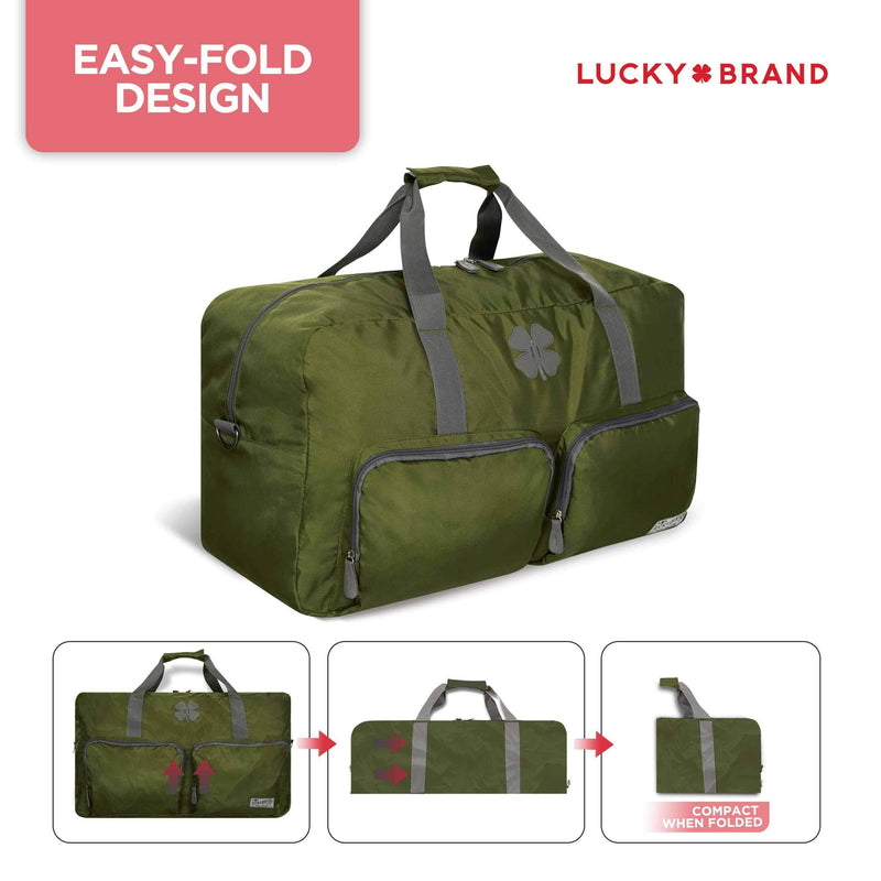 Lucky Brand Large Duffle Bag for Travel, Foldable Weekender Overnight Bag | Travel Duffel bag, Adjustable Shoulder Strap, Front Zip Pockets, Spacious Capacity, Unisex Lightweight Travel Bag for Flights Loden Green 65L