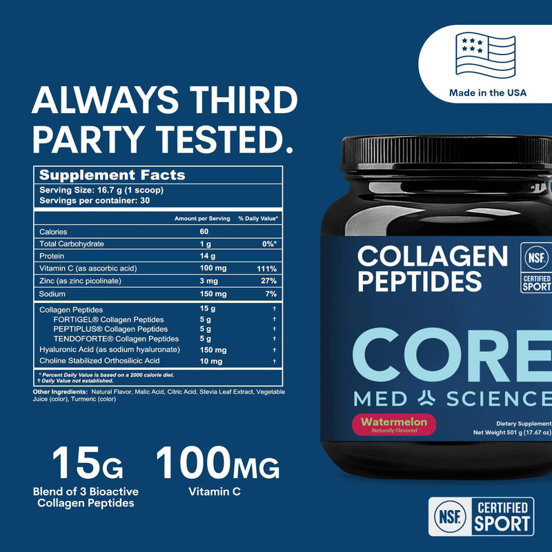 Core Med Science Collagen Peptides Powder - NSF Certified for Sport | Hydrolyzed Bovine Collagen Supplement for Women & Men Supports Skin, Hair, Joint & Bone Health - 30 Servings, Watermelon 1.1 Pound (Pack of 1)