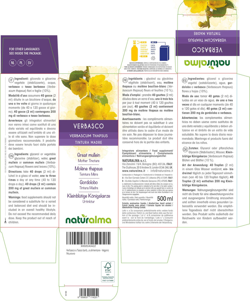 Great Mullein or Common Mullein (Verbascum thapsus) Flowers and Leaves Alcohol-Free Mother Tincture Naturalma - Liquid Extract Drops 500 ml - Food Supplement - Vegan 500 ml (Pack of 1)