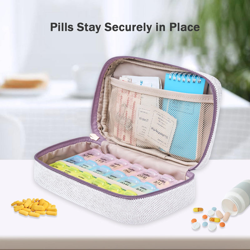 Weekly Travel Pill Organizer 3 Times A Day Pill Case for Purse with Removable 7 Day Pill Box Holder,Cute Medication Organizer Pill Container for Medicine, Vitamin, Fish Oils,Supplement(Purple, Large) Purple 03