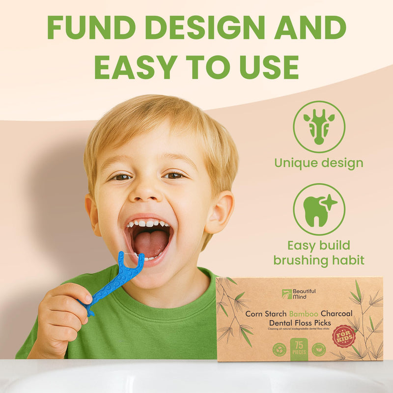[Australia] - Dental Floss Picks for Kids 75 Pack ‚Äì Unflavored, No Fluoride Oral Tooth Flossers ‚Äì Biodegradable Flossing Sticks with Charcoal Infused Thread ‚Äì Giraffe Toothpick for Toddler Teeth ‚Äì Travel Case Size 