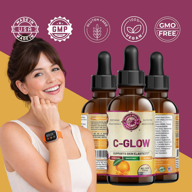 C Glow Vitamin C Liquid Serum | Supports Skin Elasticity & Hydration | Ascorbic Acid, Dandelion Extract, Vitamin E | Gluten Free, Vegan Friendly, Soy Free | Made in the USA.
