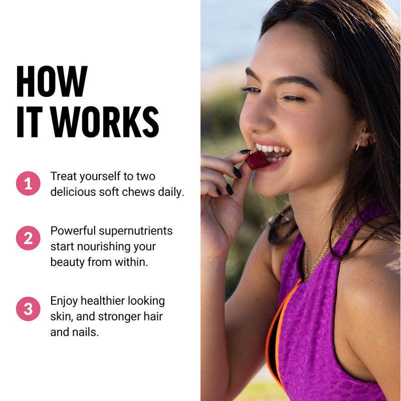 [Australia] - Force Factor Collagen Boosting Superfoods with Biotin, Hyaluronic Acid, Bamboo, and Hair, Skin, and Nails Vitamins, Nail Strengthener and Skin Supplement, Tropical Fruit Flavor, 60 Soft Chews 1 Pack 