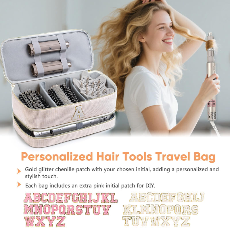 [Australia] - Initial Personalized Hair Tools Travel Bag Double-Layer Hair Dryer Case Compatible with Shark FlexStyle/SmoothStyle, Dysson Airwrap & Supersonic – Hair Tool Organizer for Travel & Home A Ivory 