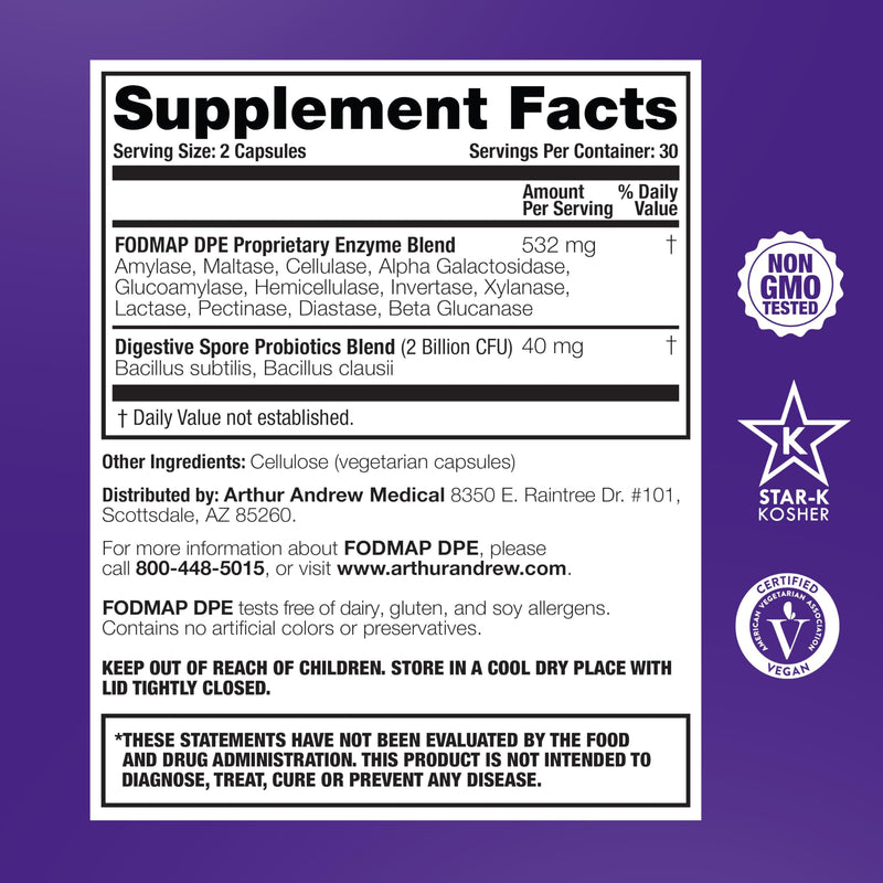 Arthur Andrew Medical, FODMAP DPE, Digestive Enzymes, 60 Capsules | Digestive Enzymes, & Probiotics For FODMAP Intolerance & The Digestion Of Fermentable Foods. Vegan, Non-GMO 1 Count (Pack of 60)