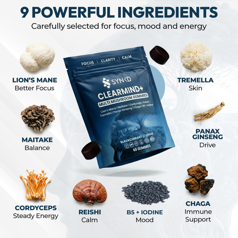 9-in-1 Multi Mushroom Gummies - 8000mg Potency High Strength Mushroom Complex with Lion’s Mane, Reishi, Cordyceps, Maitake, Tremella & Chaga - Focus, Energy, Mood - 60 Gummies - Blackcurrant 1