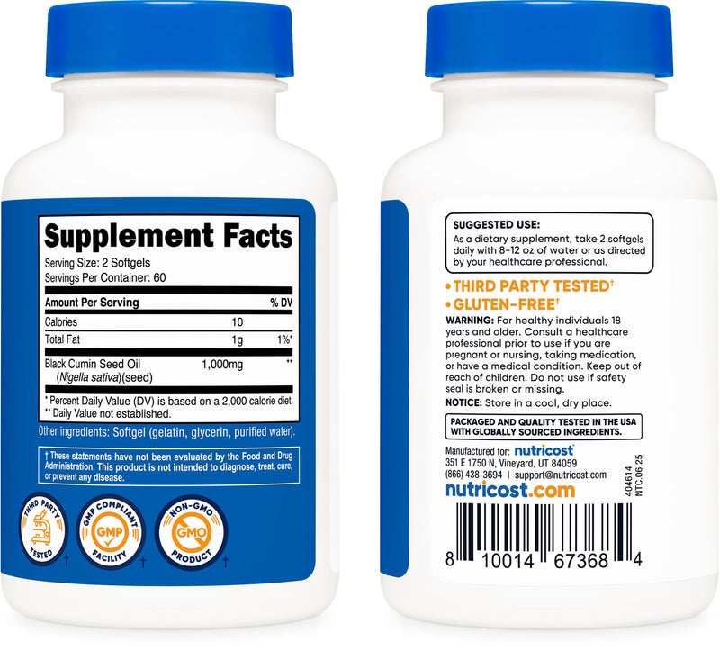 [Australia] - Nutricost Black Seed Oil (Cumin) - Cold Pressed, Source of Omega 3 6 9-120 Softgels, 1000mg Per Serving, 60 Servings - Non-GMO and Gluten Free 
