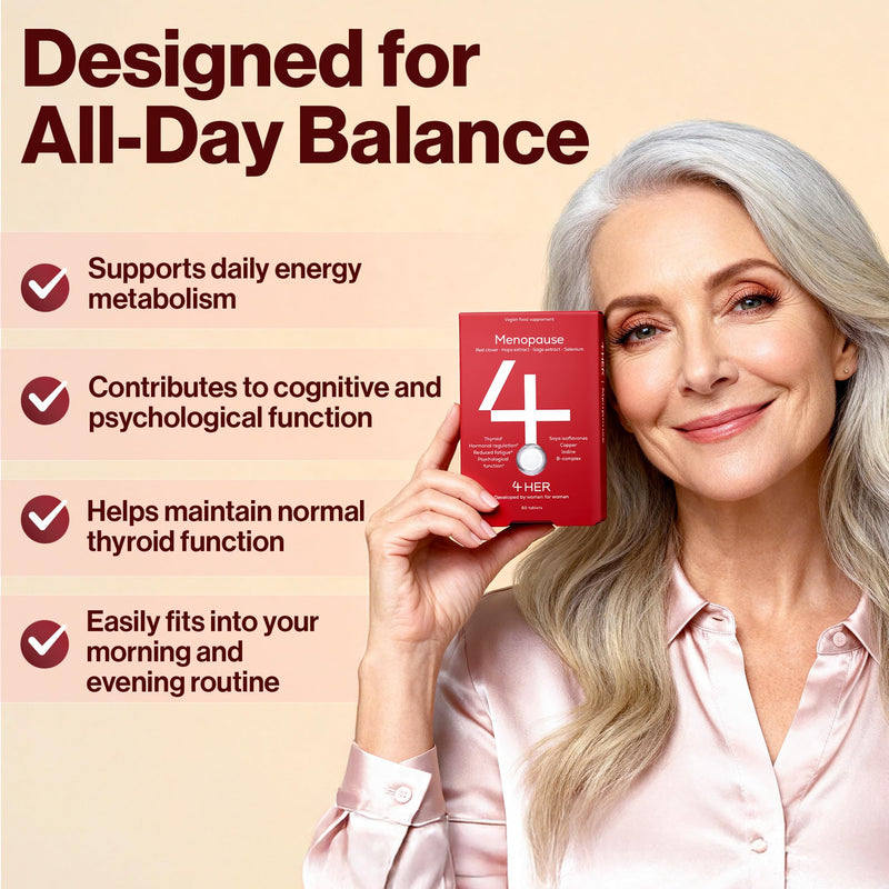 4 HER Menopause Supplements & Vitamins for Women – Hops, Sage, Red Clover & B6 – Hormone-Free Vegan Menopause Complex, B12 for Tiredness & Energy – 160mg Red Clover Tablets (30 Days) – GMP Certified