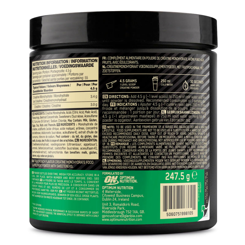 Optimum Nutrition Micronised Creatine Monohydrate Powder, Creatine, Fruit Punch, Supplement to Improve Strength and Muscle Performance, Pre and Post Workout, 247.5 g, 55 Servings 247.5g
