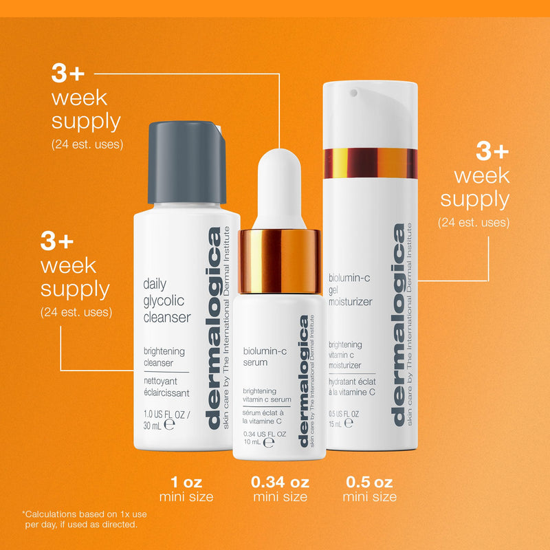 Dermalogica Daily Brightness Boosters, Vitamin C Brightening Skincare Kit | Brightens Dull Skin and Evens Tone, 3-Piece Vitamin C Kit with Glycolic Cleanser, BioLumin-C Serum, and Gel Moisturizer