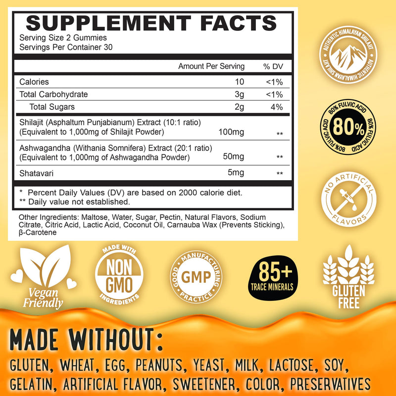 [Australia] - Pure Himalayan Shilajit Gummies - High Potency Gold Grade Resin - Energy Boost and Immune Support for Men and Women with Ashwagandha and Shatavari - 60 Gummy - Peach & Mango 60 Count (Pack of 1) 