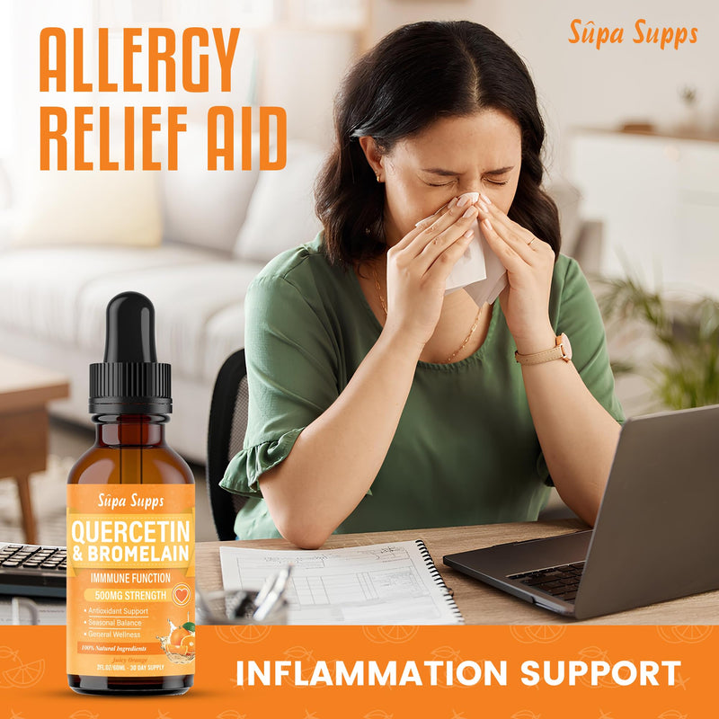 Quercetin Liquid Drops 60ml - High Strength 500mg Per Serving Bromelain Drops - Antioxidant Quercetin Supplement for Absorption - Fast Absorbing Polyphenol Querctin Complex - Orange Flavour